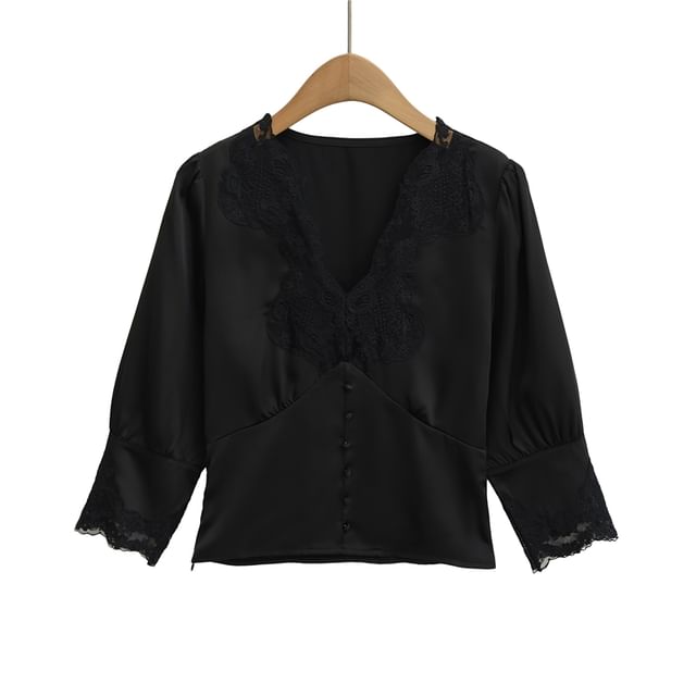 3/4 Sleeve V-Neck Lace Panel Blouse
