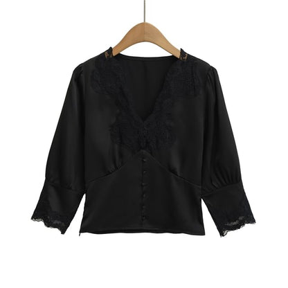 3/4 Sleeve V-Neck Lace Panel Blouse