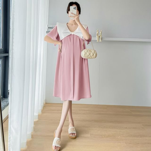 Maternity Short Sleeve Contrast Bow Collar Midi A-Line Dress