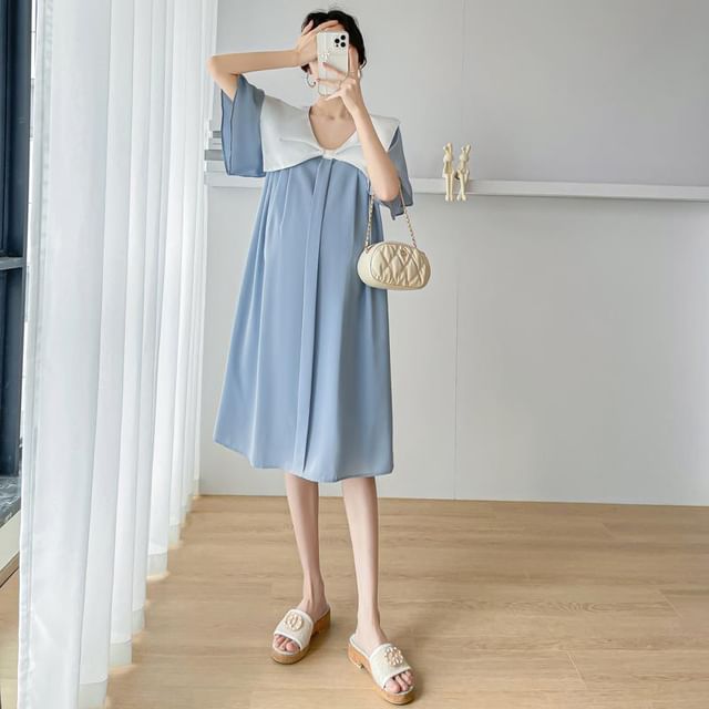 Maternity Short Sleeve Contrast Bow Collar Midi A-Line Dress