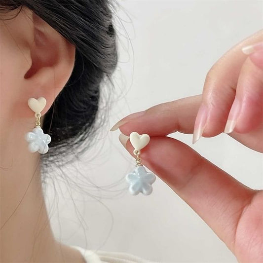 Heart Drop Earring / Flower On Clip