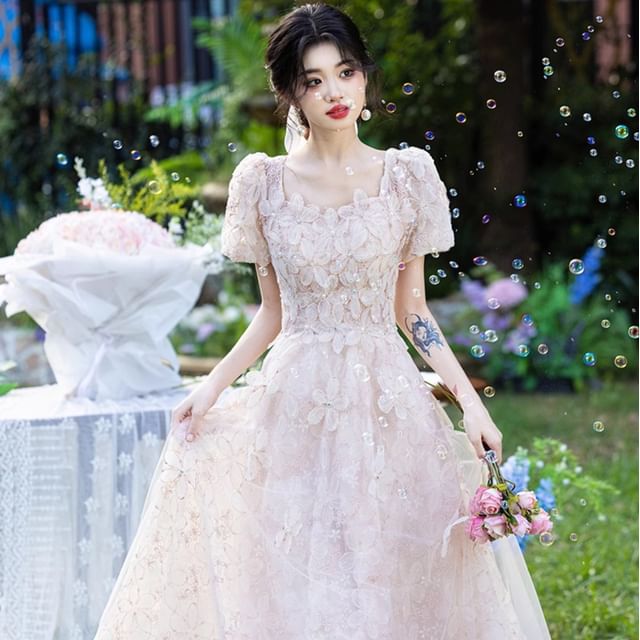 Puff-Sleeve Square Neck Floral Jacquard Embellished A-Line Evening Dress
