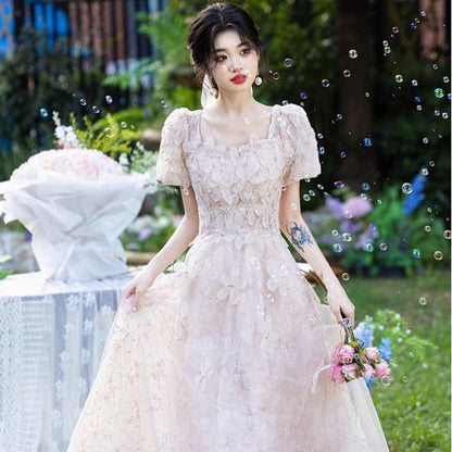 Puff-Sleeve Square Neck Floral Jacquard Embellished A-Line Evening Dress