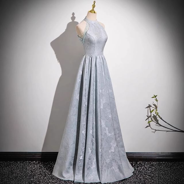 Gown Evening Faux Jacquard Floral Halter A-Line Fringed Neck Crystal