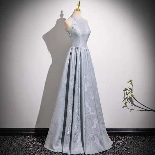 Gown Evening Faux Jacquard Floral Halter A-Line Fringed Neck Crystal