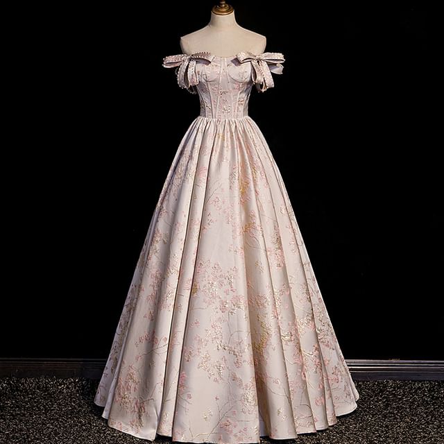 Off-Shoulder Floral Jacquard Faux Pearl Bow A-Line Evening Gown