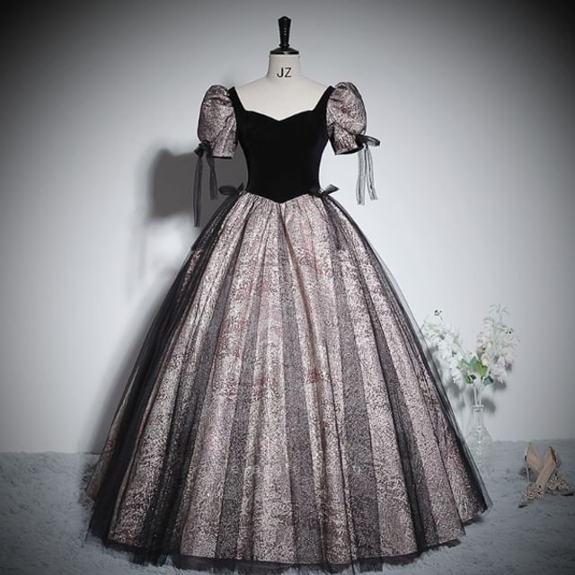 Puff-Sleeve V-Neck Glitter Mesh Panel Bow Accent Ball Gown