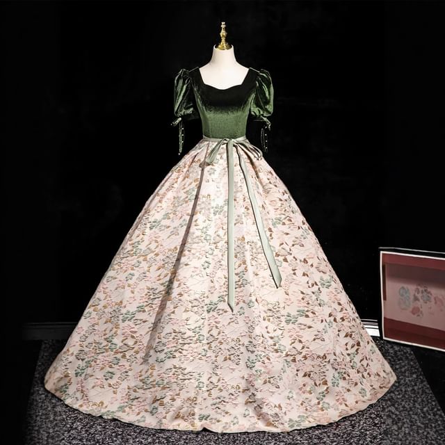 Neck Panel Jacquard Bow Square Puff-Sleeve Gown Accent Floral Ball Velvet