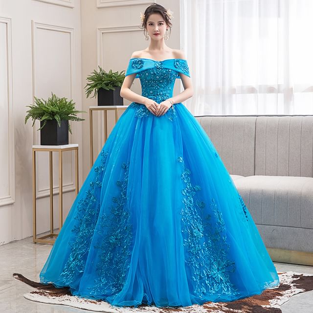Off-the-Shoulder Floral Embroidered Evening A-Line Gown