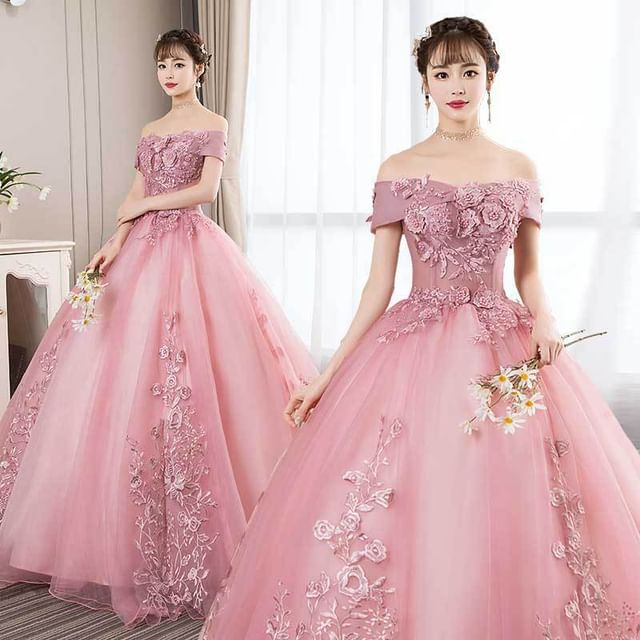 Off-the-Shoulder Floral Embroidered Evening A-Line Gown