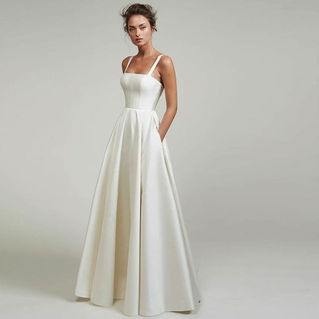 Gown A-Line Plain Strap Spaghetti Neck Square Evening