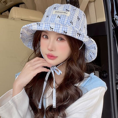 Plaid Bow Print Bucket Hat