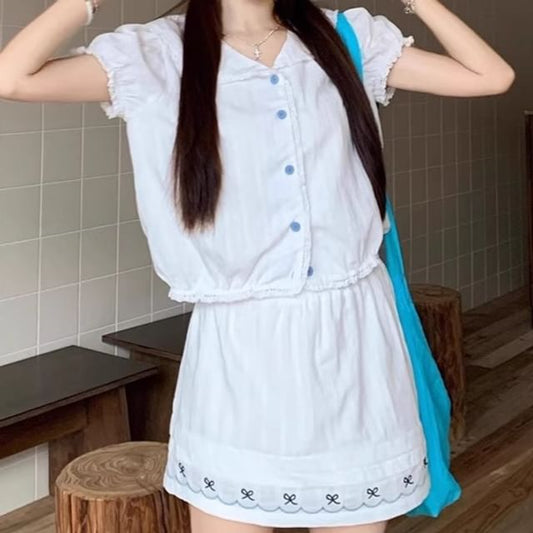 Short-Sleeve Button Shirt Paired with Mini A-Line Skirt