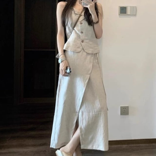 Sleeveless Solid Top with High Waist Maxi Flared Skirt