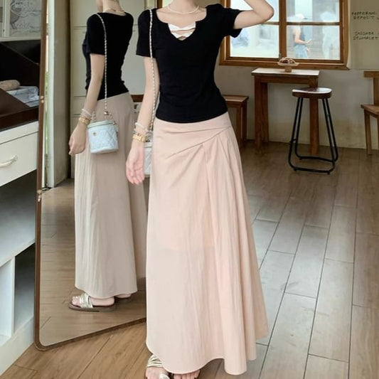 Notched Short-Sleeve Top with High Rise Maxi A-Line Skirt
