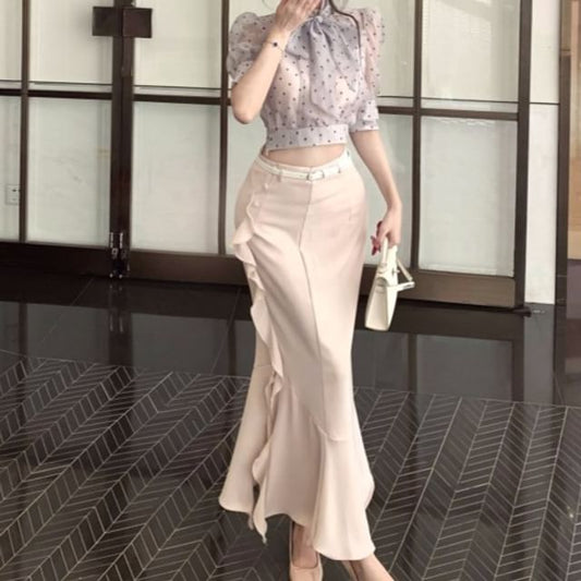 Dotted Crop Top, High Waist Mermaid Maxi Skirt, and Belt Set