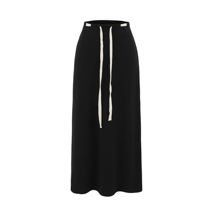 Adjustable Drawcord Waist Smooth Flared Full-Length Skirt