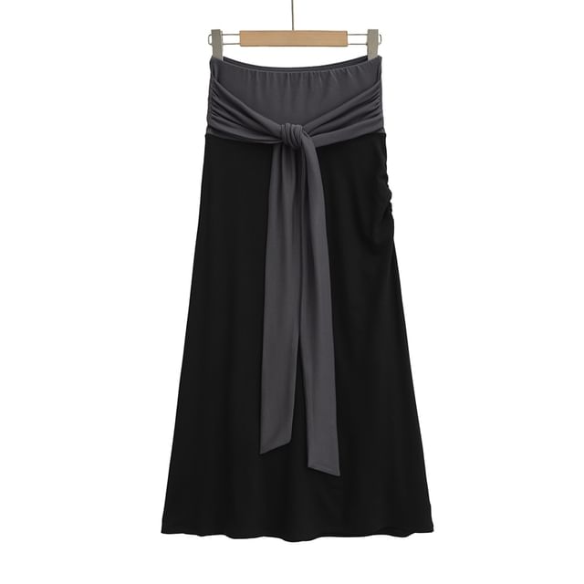 Elevated Waist Knit Layered Flared Long Skirt