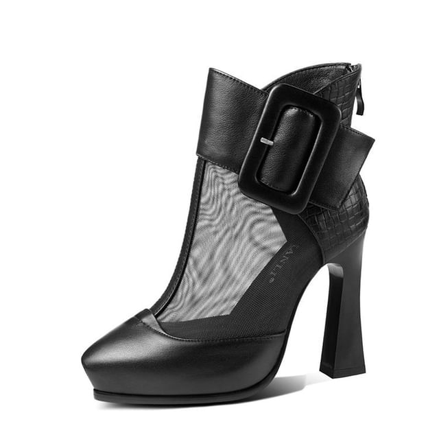Mesh Buckled Platform Short Panel Pointed Toe Boots