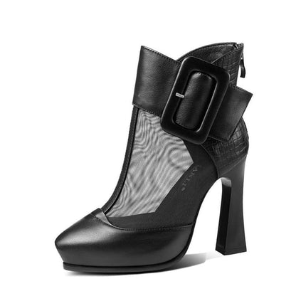 Mesh Buckled Platform Short Panel Pointed Toe Boots