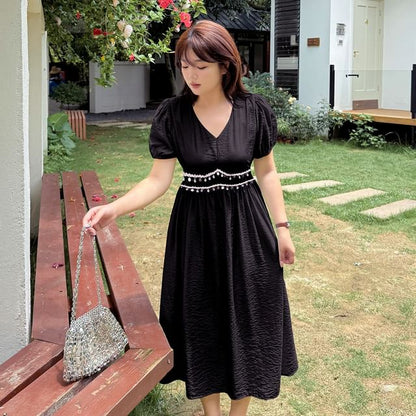 Short Sleeve V-Neck Sequin Midi A-Line Dress