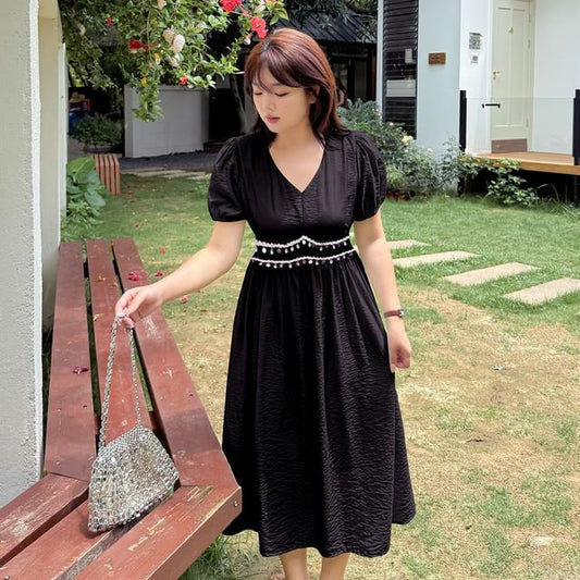 Short Sleeve V-Neck Sequin Midi A-Line Dress