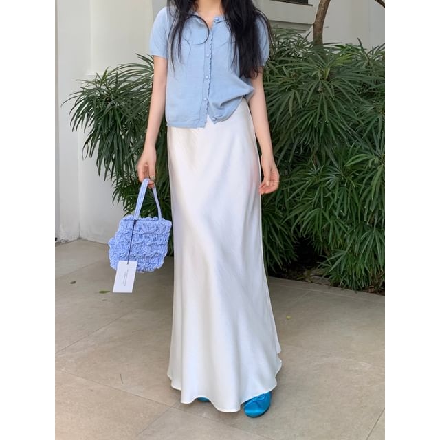 Satin High Rise Flared Maxi Skirt with Solid Finish