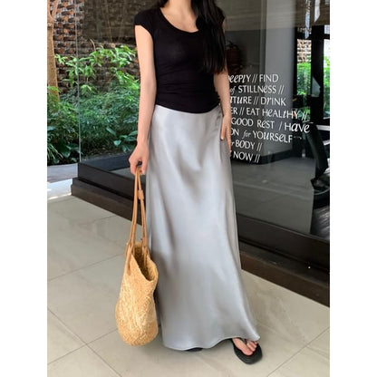 Satin High Rise Flared Maxi Skirt with Solid Finish
