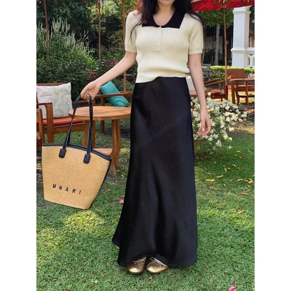 Satin High Rise Flared Maxi Skirt with Solid Finish