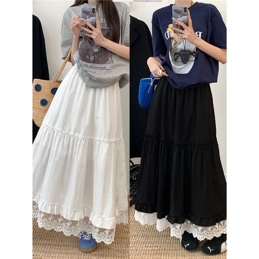 Lace-Trimmed High Rise Flared Midi Skirt with Frilled Hem