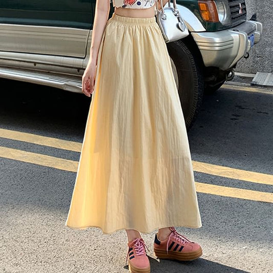 Elastic Waist Solid Maxi Flared Skirt