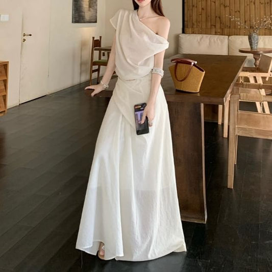 Sleeveless Off-Shoulder Top with High-Rise Smooth Flared Long Skirt