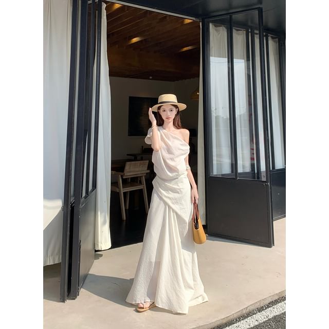 Sleeveless Off-Shoulder Top with High-Rise Smooth Flared Long Skirt
