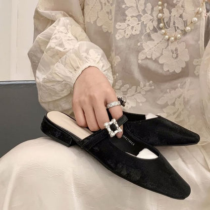 Square Toe Rhinestone Chunky Heel Mules