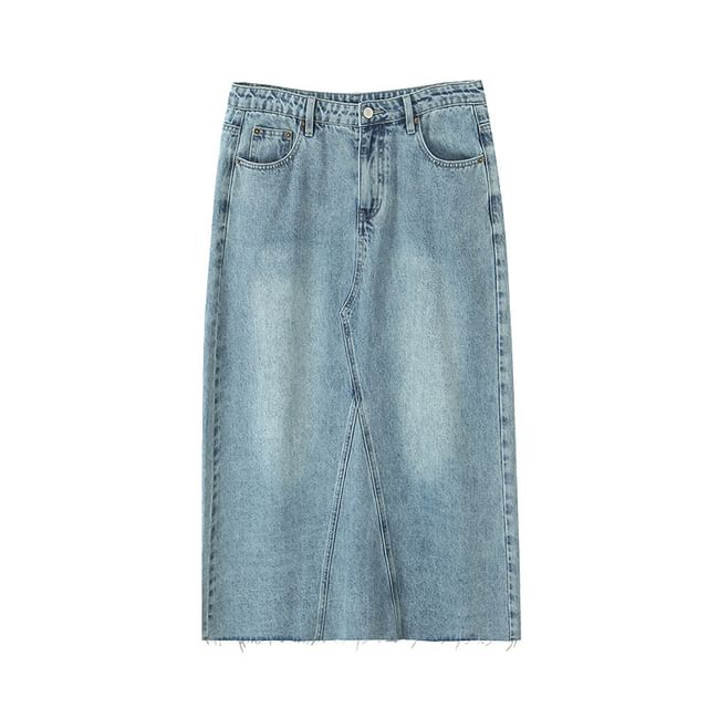 Plus Size Elevated Waist Faded Denim Midi Flared Skirt
