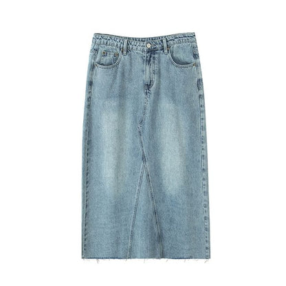 Plus Size Elevated Waist Faded Denim Midi Flared Skirt