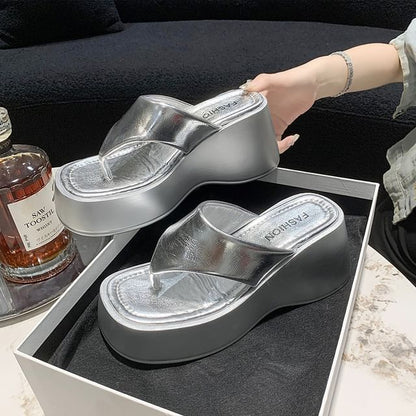 Platform Wedge Plain Faux Leather Flip-Flops
