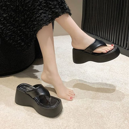 Platform Wedge Plain Faux Leather Flip-Flops