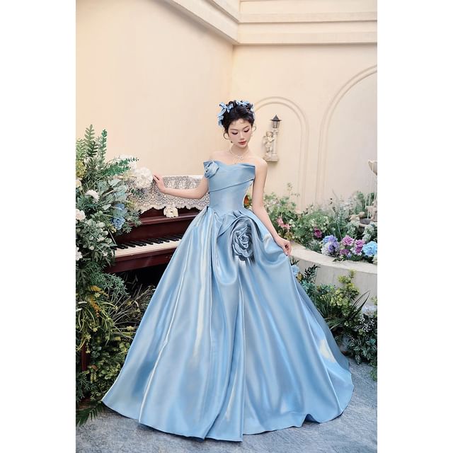 Plain Floral A-Line Tube Evening Gown