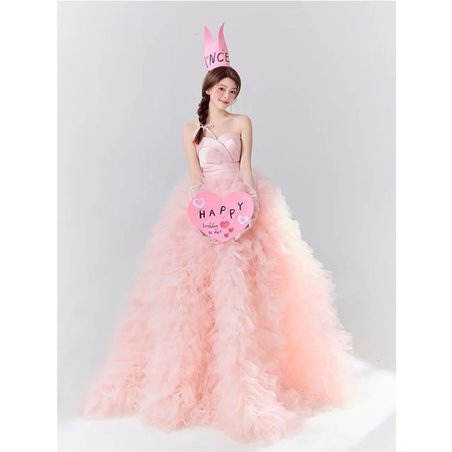 Plain Ruched Panel Mesh A-Line Tube Evening Gown