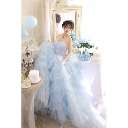 Plain Tiered Mesh A-Line Tube Evening Gown
