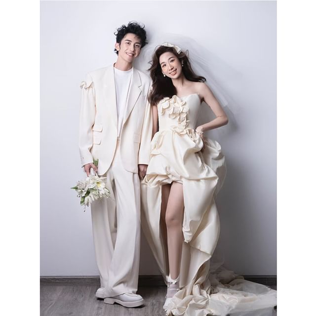 Plain Floral Applique High-Low Ruched A-Line Tube Wedding Gown