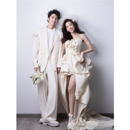 Plain Floral Applique High-Low Ruched A-Line Tube Wedding Gown