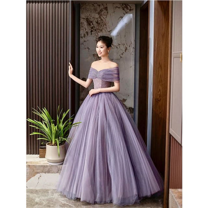 Short Sleeve Off Shoulder Plain Ruched Mesh Panel Lace A-Line Evening Gown