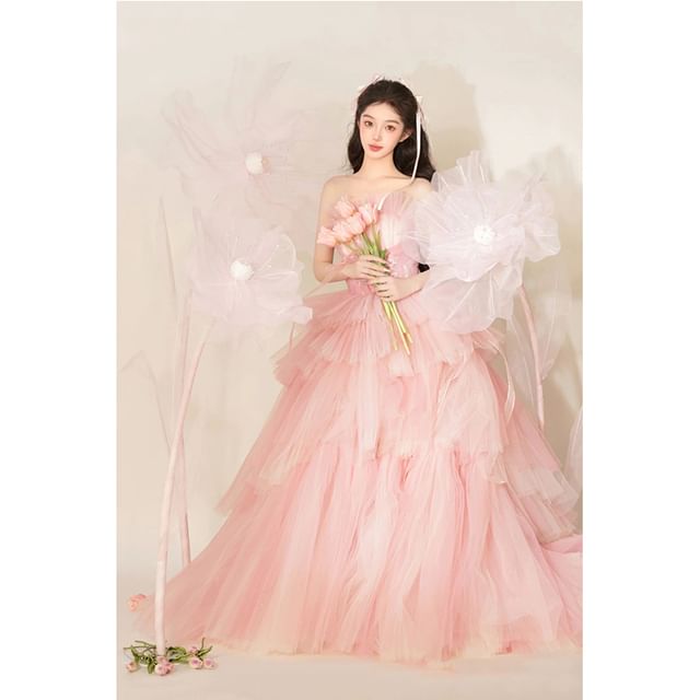 Plain Tiered Lace Panel Mesh A-Line Tube Evening Gown