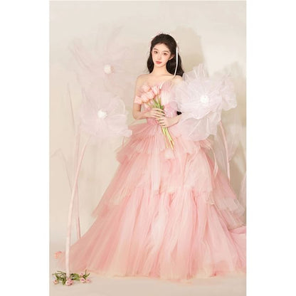 Plain Tiered Lace Panel Mesh A-Line Tube Evening Gown