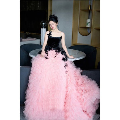 Panel Floral Strap Tone Mesh A-Line Two Gown Applique Spaghetti Evening Tiered