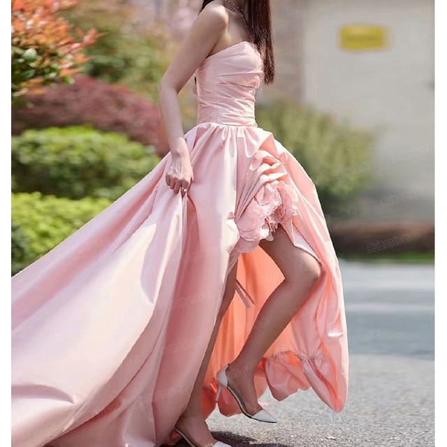 Plain Flower Asymmetrical Ruched A-Line Tube Evening Gown