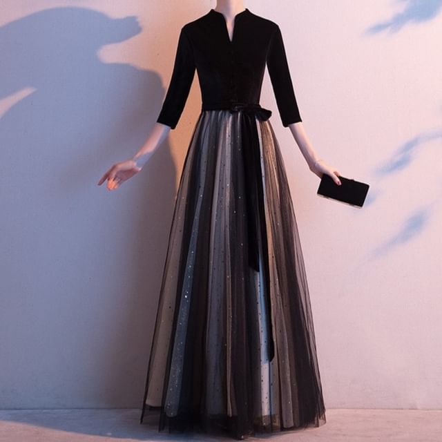 3/4-Sleeve V-Neck Plain Sheer Panel A-Line Evening Gown