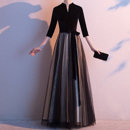 3/4-Sleeve V-Neck Plain Sheer Panel A-Line Evening Gown